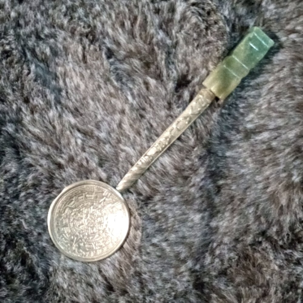 VINTAGE Silver Spoon with carved Jade Handle. Guadalajara Mayan Calander Alpaca